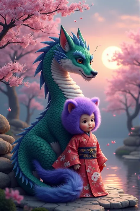 Chinese dragon and purple wolf and a Japanese-style baby 