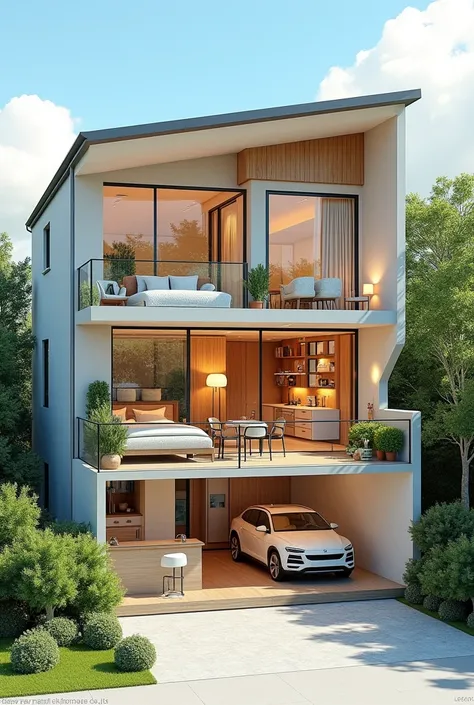 IMAGE OF HOUSE WITH CROSS SECTION, WHERE THE DISTRIBUTION OF THE SPACES IS OBSERVED AS A KITCHEN, dining room, living room, Bathroom, LAUNDRY, Bedrooms, balcony, TERRACE AND PARKING