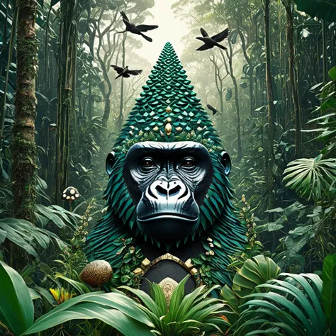 Album cover, a forest with a gorilla totem and birds, plants, trident, Buzios, cowrie sea shells, afrofuturism, african symbols, orisha aesthetic, Awarded several times, High details, high qualiy, ultra HD, Depth of field, film grain