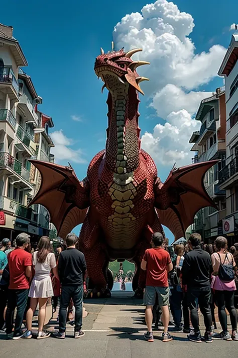 pokemon is standing in front of a crowd with a dragon, slifer the sky dragon, colossal dragon in background, dragon in the background, human and dragon fusion, dra the dragon, but as an anthropomorphic dragon, i just saw a huge dragon, safebooru anime imag...