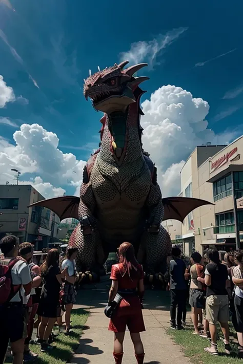 pokemon is standing in front of a crowd with a dragon, slifer the sky dragon, colossal dragon in background, dragon in the background, human and dragon fusion, dra the dragon, but as an anthropomorphic dragon, i just saw a huge dragon, safebooru anime imag...