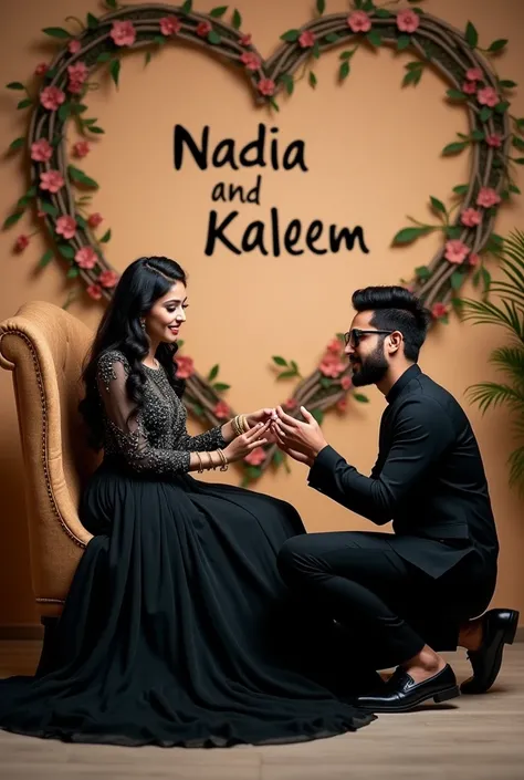 Create a picture of a 20 year old Pakistani girl setting comfortable in a wing chair . The 20 year man boy is sitting in front of girl in purposel style and putting a diomand ring shinning a girl finger is wearing a black sheewani and sunglasses . the girl...