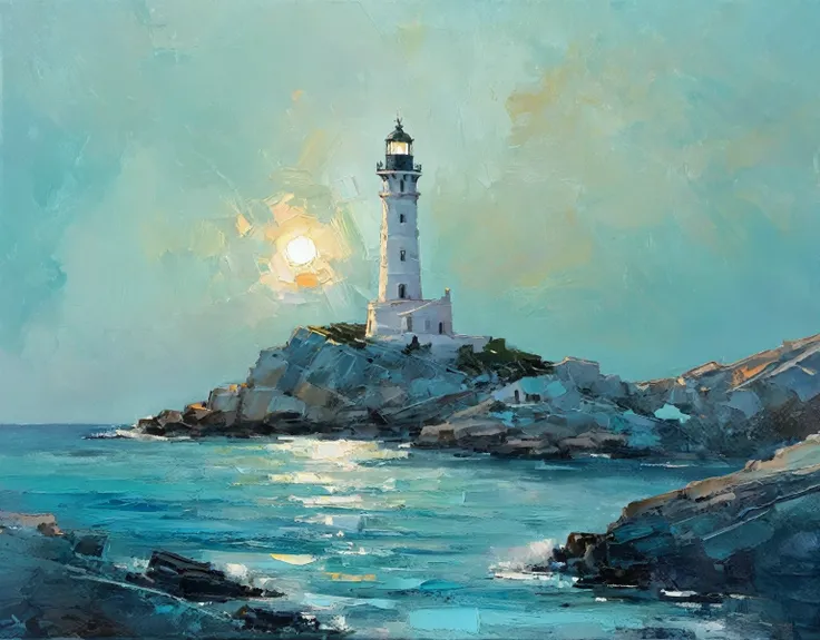 there is a lighthouse on a rocky cliff with a light on, a thick textured oil painting, impasto brushstrokes, dry brushing,revealing underlayers, breathtaking composition, Create an art deco inspired illustration of A scenic lighthouse Chania Lighthouse (Gr...