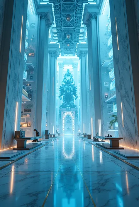 Imagine a large laboratory, glass and marble, sleek, modern, high society, blue lighting, old money, futuristic, robotics, hyperrealistic