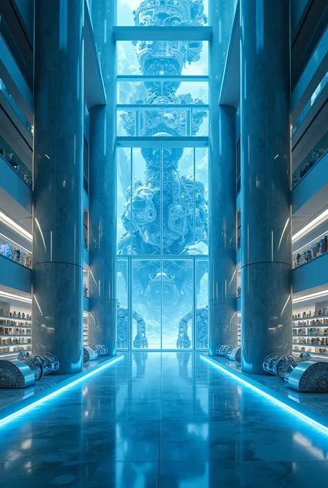 Imagine a large laboratory, glass and marble, sleek, modern, high society, blue lighting, old money, futuristic, robotics, hyperrealistic