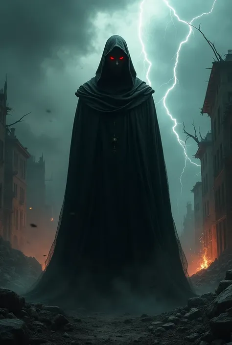 A dark and ominous figure who represents the Antichrist, remaining in the shadows with a sinister and charismatic presence. The background shows a world in turmoil, with threatening clouds and darkened skies.