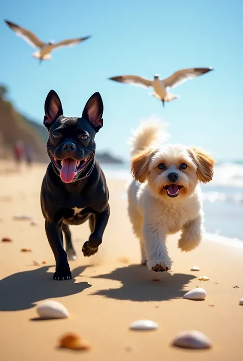 Black female French Bulldog with a cream Shih Tzu running on the beach
