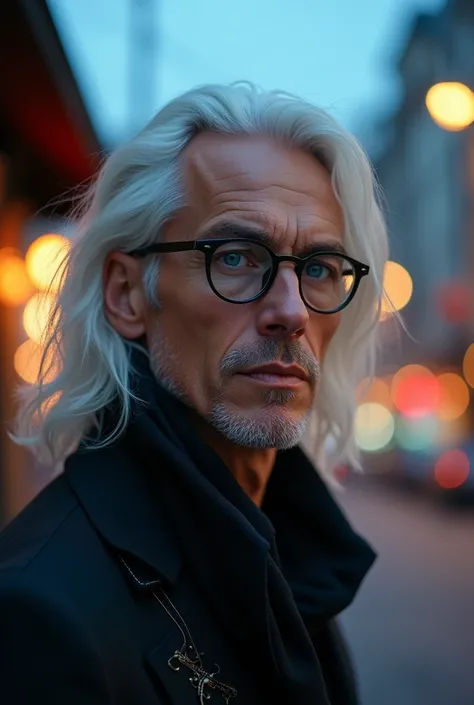 Make a man with blue stunning eyes with white hairs and eyes covered with glasses or cloth 