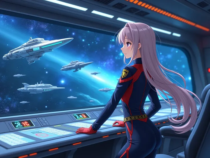 anime girl in starfleet uniform at console woth ships on viewscreen