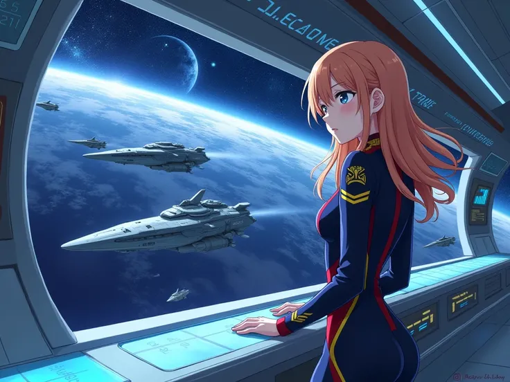 anime girl in starfleet uniform at console woth ships on viewscreen