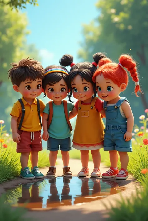 4 kids standing and looking down realistic image 
