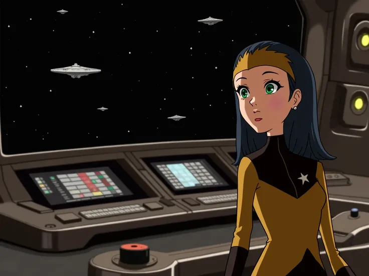 anime girl in starfleet uniform at console woth ships on viewscreen