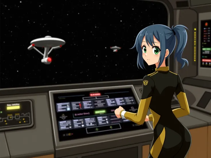 anime girl in starfleet uniform at console woth ships on viewscreen