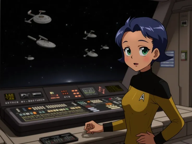 anime girl in starfleet uniform at console woth ships on viewscreen