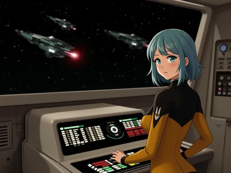 anime girl in starfleet uniform at console woth ships on viewscreen