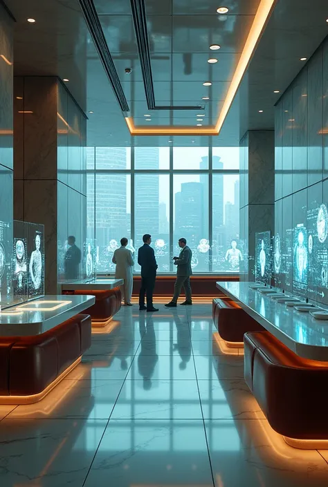 Imagine a large laboratory, glass and marble, sleek, modern, high society, night, old money, futuristic, robotics, hyperrealistic, holograms of people 