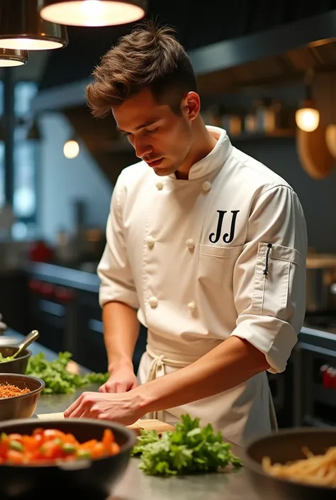 Thin young man with a white chefs apron and a name tag with JJ written in black.