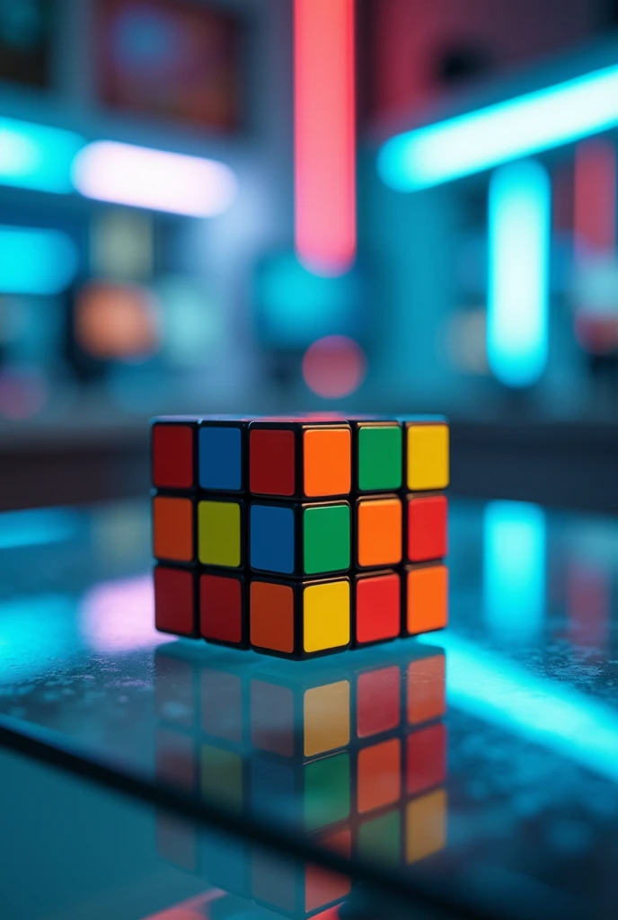 A tech background and a Rubiks cube laying on a table and tech environment