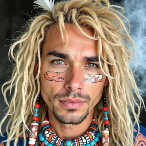 Tokio Hotel frontman Bill Kaulitz, looks like a modern-day Native American, blonde hair, An outfit with feathers and beads