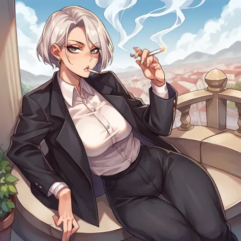 POV girl smoking a cigarette on a balcony , The girl has a black suit and black pants