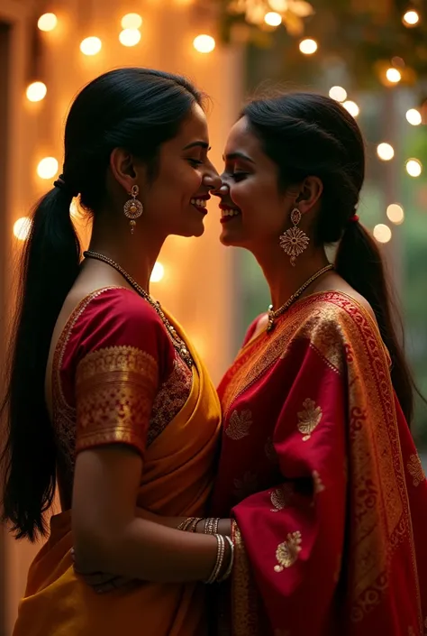 A 21 year odia girl in ponytail hairstyle _wearing Sambalpuri saree kissing hers husband.Realistic