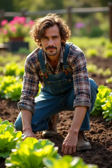 Make a 25-year-old, A little fat, with a thin mustache, curly hair, planting lettuce in your garden. Make the image super realistic.