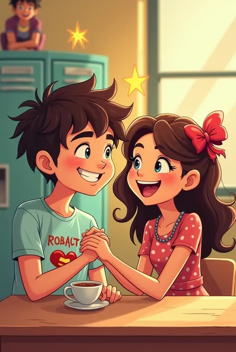 Create a  cartoon picture of two close friends, a boy and girl, in a school setting. The boy is telling the girl that he loves her, and she is smiling back, making him happy. But also show that the girl has feelings for another boy, maybe by having her gla...