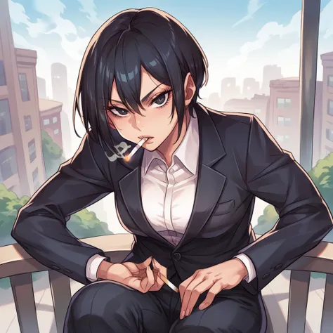 POV black haired girl smoking a cigarette on a balcony , The girl has a black suit and black pants