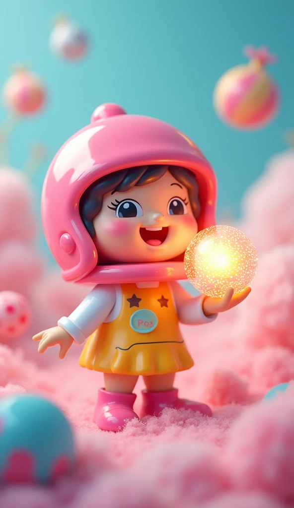 Joyful character in a pink helmet with a glowing orb. Retro colors, toy-like design, and a surreal, dreamlike setting.