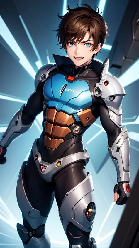 Anime boy, brown hair, blue eyes, smile, teen boy, cyborg, detail cyborg, cute face, muscle, full body, fangs