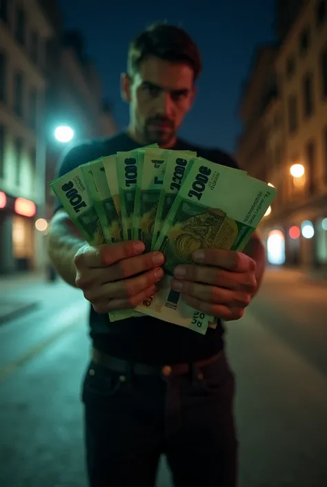 Man holding a stack of 200€ bills, first person view, dark pants. night lighting