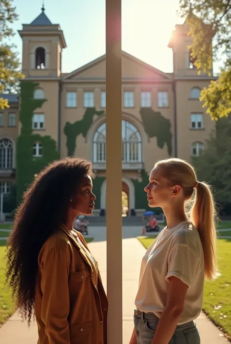 A university in the background, in front there are two girls, one black with long curly black hair and another white preppy with long blonde hair, A vertical line shaped like a ray separates them as if they were from different worlds 