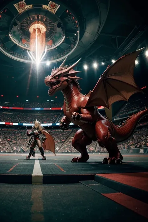 there is a dragon that is fighting a dragon in a stadium, slifer the sky dragon, gelbooru anime image, safebooru anime image, dialga the pokémon, a baddass dragon, gurren lagan, but as an anthropomorphic dragon, sharp!, dra the dragon, pokemon fighting at ...