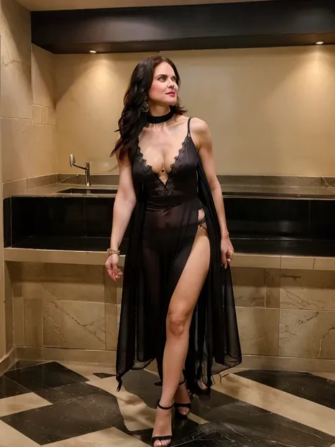 Ravishing nicole kidman with dark hair looking sexy in a sheer black sleeveless salwar kamiz with plunging neckline, high heels, long sexy legs, arm jewelry, cleavage, collar bone, perfect hourglass figure, swooping breasts, dynamic pose, full shot