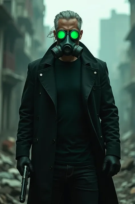 A man wearing a gas mask with glowing green lenses, With a black overcoat and black t-shirt, with gray hair parted in the middle, with a gray aura, with fingerless gloves, holding a pistol