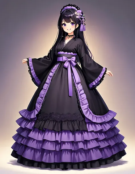 Girl, cute, adorable, full body, smiling, straight hair, long hair, black hair, standing,
(black kimono-tops, long kimono sleeve with purple ruffle lace trim), voluminous A-line multilayer tiered skirt with purple ruffled lace trim, ballgown silhouette, cr...