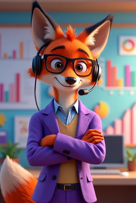 A young, mature fox in a Disney Pixar 3D style, wearing a purple telemarketing outfit and a telemarketing headset, stylishly dropshipping with a charismatic look, arms crossed and a charming smile.