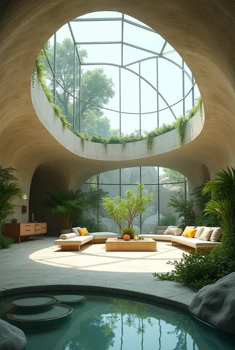 Generate an image of a modern house built entirely underground, with a glass ceiling allowing natural light to filter through. The interior should be sleek and contemporary, with open spaces, minimalist furniture, and plants growing in well-lit corners.