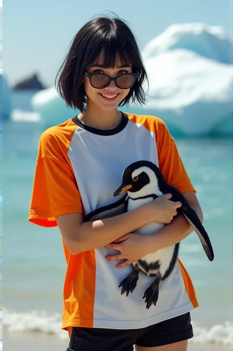 A woman, short black hair, black eyes, black glasses, orange white black t-shirt and shorts, with a baby penguin