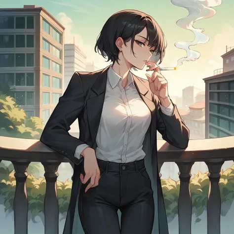 POV black haired girl smoking a cigarette on a balcony , The girl has a black suit and black pants