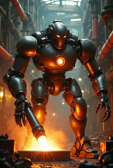 a giant robot blacksmith, robotic humanoid, mechanical figure, intricate metallic machinery, futuristic sci-fi design, industrial cyberpunk style, complex gears and pistons, glowing energy core, sparks and molten metal, powerful metal arms, steampunk aesth...