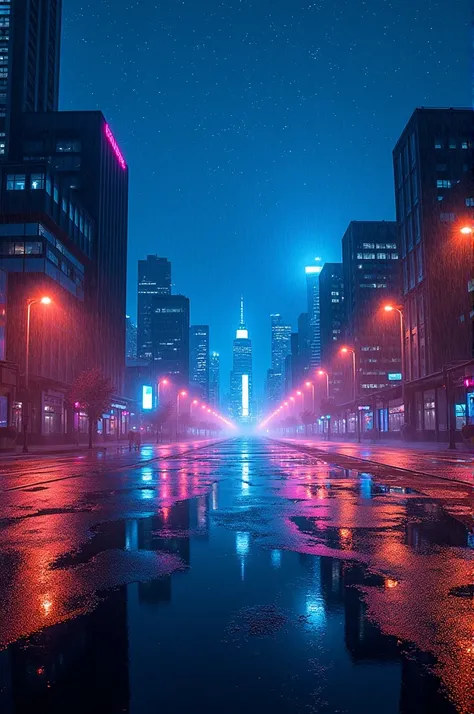 Night sky with stars and some buildings with neon lights and a wet road