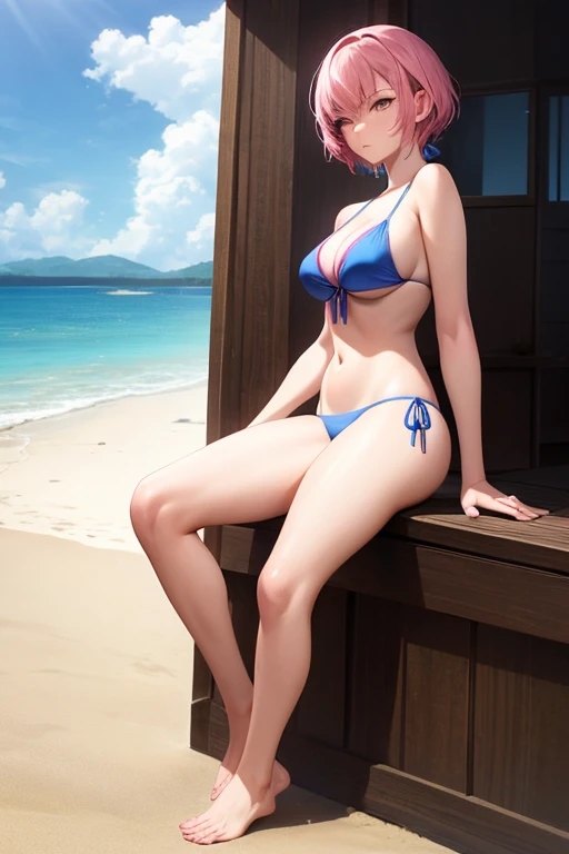 ((best quality)), ((masterpiece)), (detailed), a girl, full body, 20 years old, young adult, serious face, young adult, tall, rose eyes, short pink hair, bangs, medium breasts, sexy blue bikini, seductive legs, sexy legs, beach background, looking at me, a...