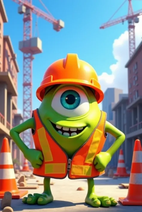 Mike
Wazowski wearing an orange construction helmet and orange construction vests