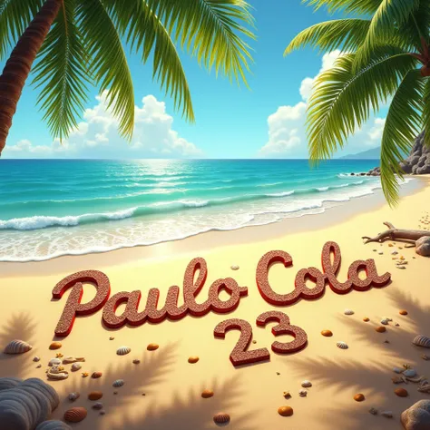 Create an image of the name “Paulo Cola” and the number "23", drawn on a beach sand.