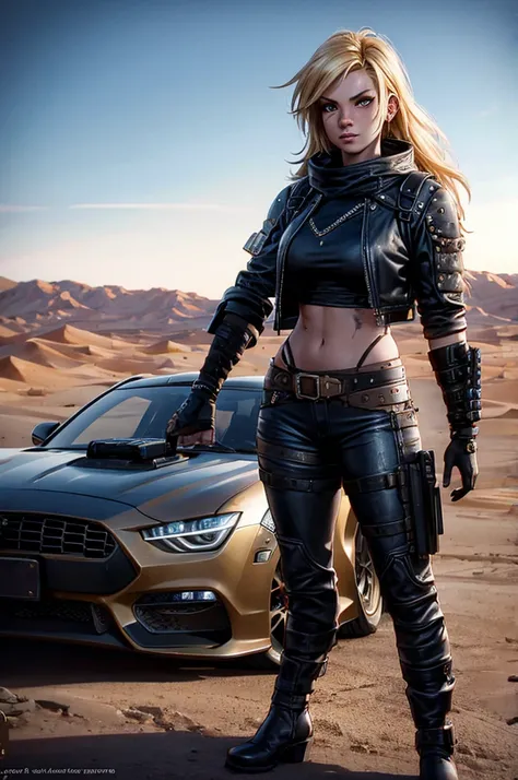 blond haired woman in leather pants leaning on a car in the desert, mad max inspired, mad max style, in mad max style, octane cgsociety, mad max fury road style, octane trending on cgsociety, apocalyptic road warrior vibe, octane. trending on artstation, c...