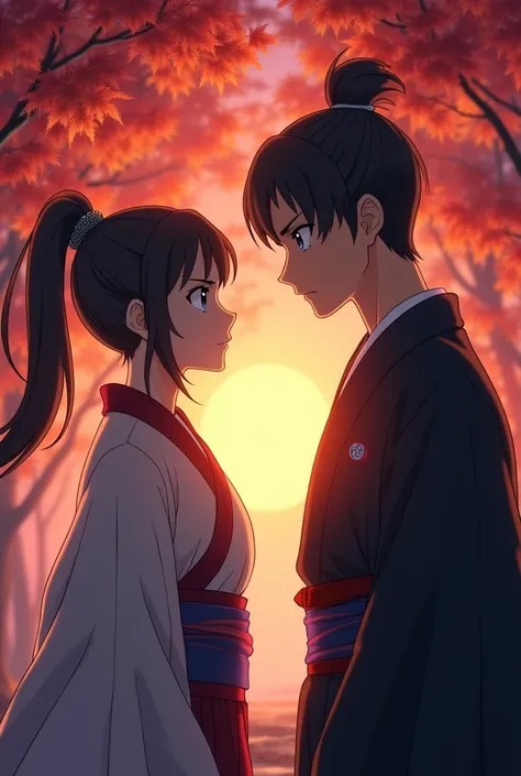 anime characters，comics，Boys knock girls，antiquity，Japanese-style，Maple Grove，evening，Hostile，Female ponytail，Female disguised as male，Male official，Cold，Handsome，Look at each other，Side view angle，tension