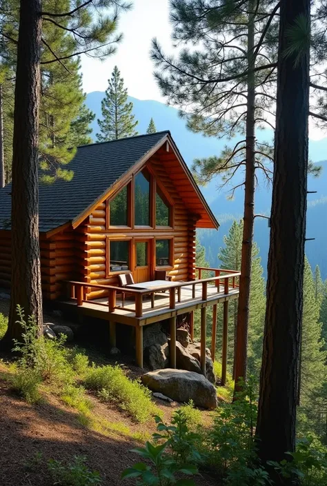 Log cabin, on stilts located on the slope of a wooded mountain 