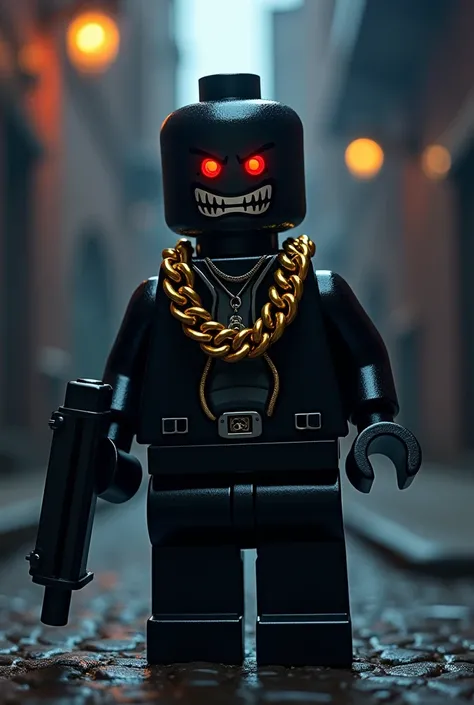 Trap album cover with a dark lego-style character wearing a gold chain and holding a gun, square photo