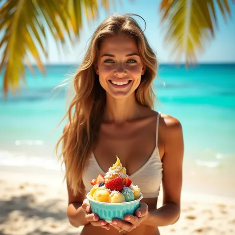 Create an image of a beautiful girl eating an ice cream bowl in a tropical beach.